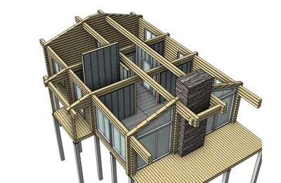 Overhead view of a modern wooden house under construction, showing interior framing and floor plan.