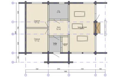 Architectural floor plan of a compact two-bedroom log cabin with dimensions labeled.