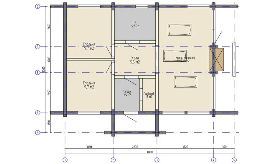 Architectural floor plan of a compact two-bedroom log cabin with dimensions labeled.