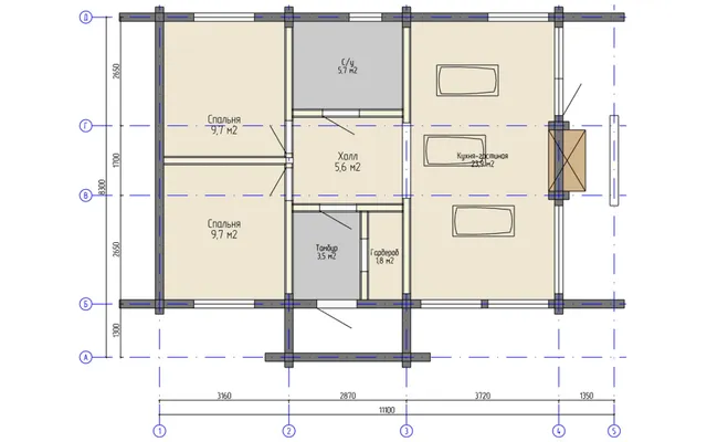 Architectural floor plan of a compact two-bedroom log cabin with dimensions labeled.