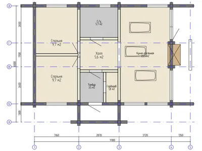Architectural floor plan of a compact two-bedroom log cabin with dimensions labeled.