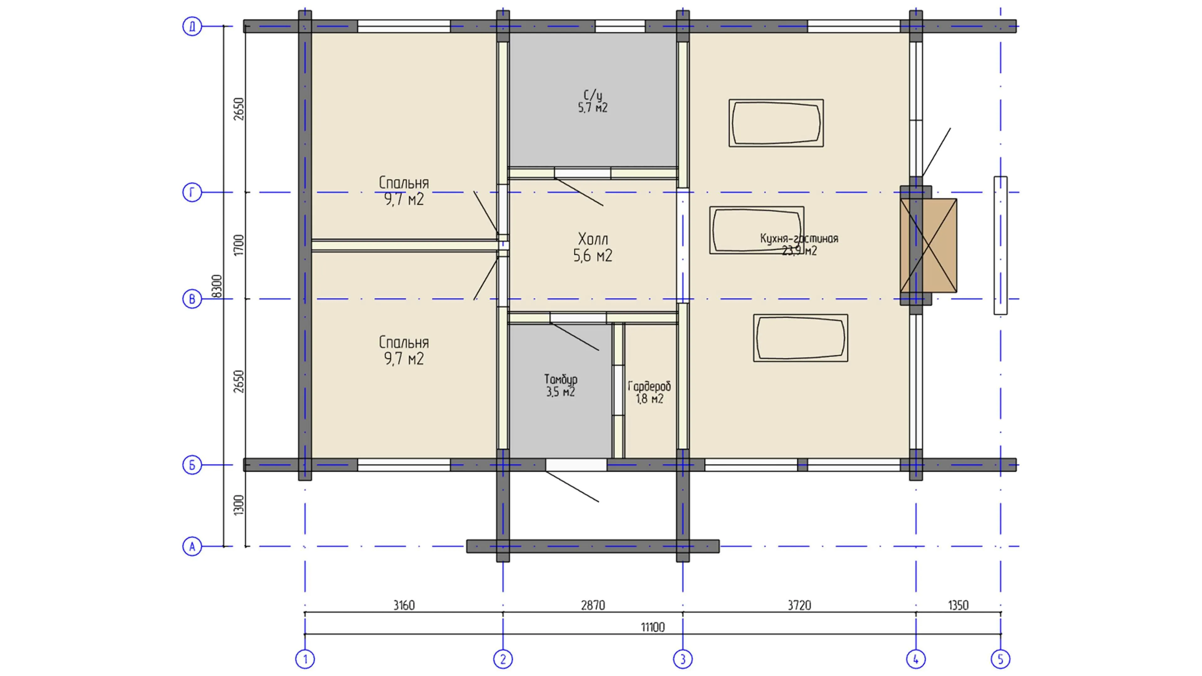 Architectural floor plan of a compact two-bedroom log cabin with dimensions labeled.