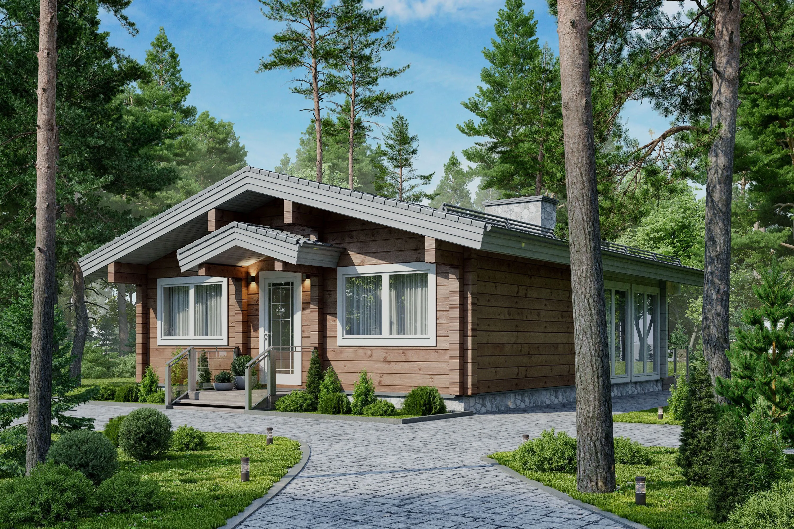 A charming wooden cabin with white trim and large windows, nestled among tall green trees.