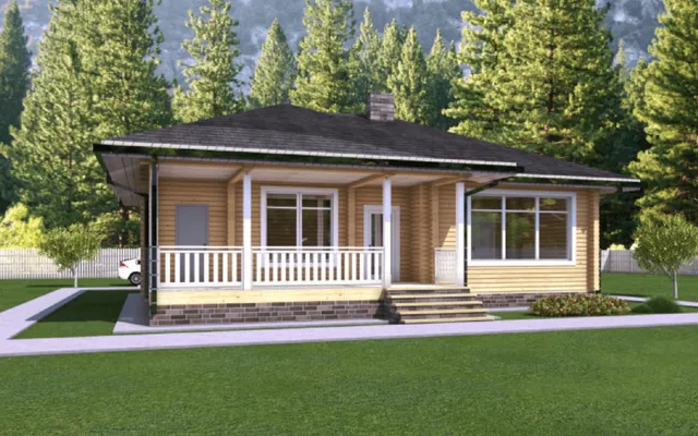 A modern wooden house with a covered porch and large windows, nestled among green trees.