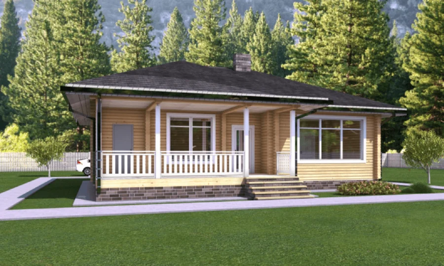 A modern wooden house with a covered porch and large windows, nestled among green trees.